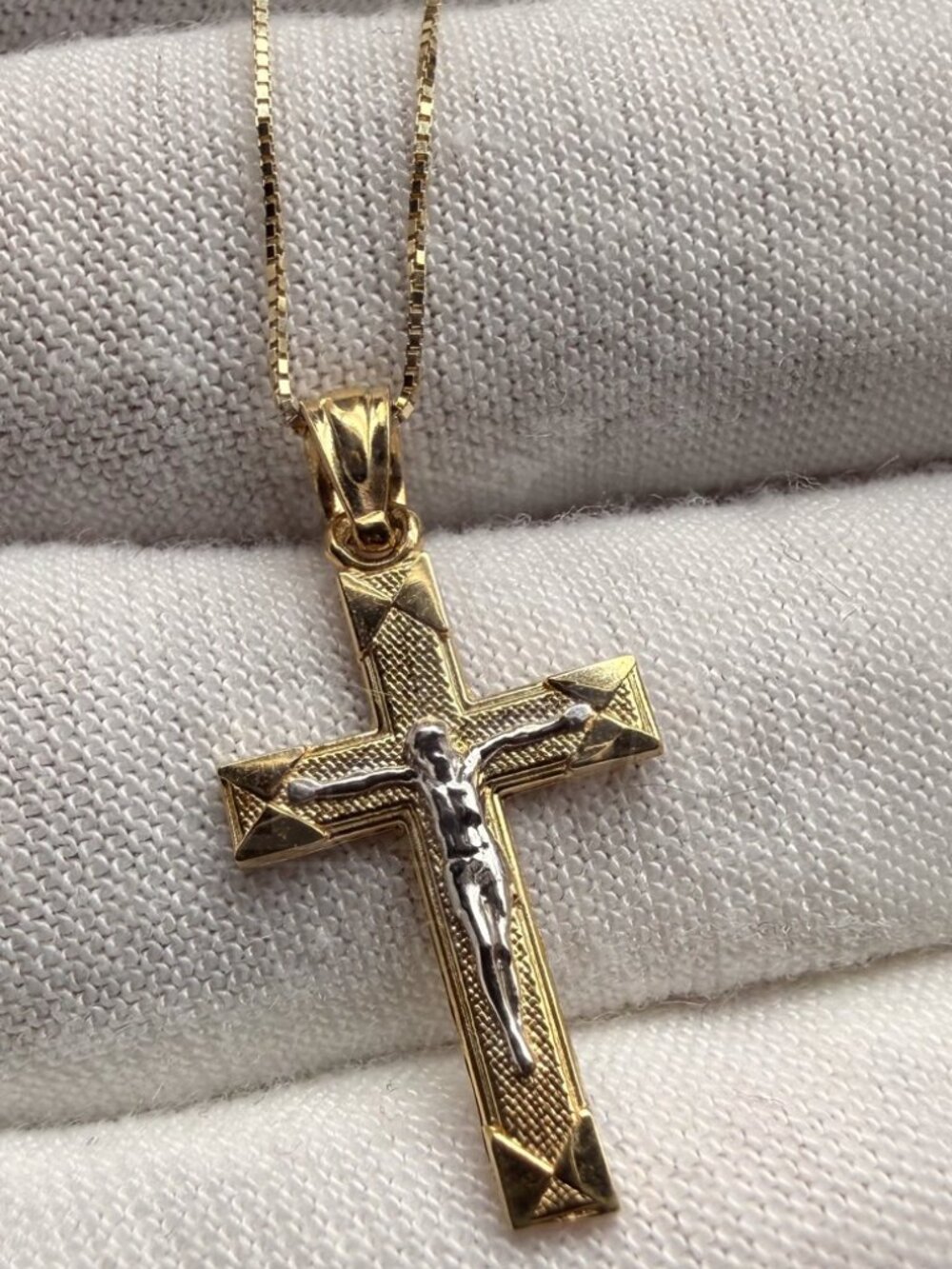 14K Two Tone Gold Crucufix Pendant With 0.8mm Box Chain - 24 inch